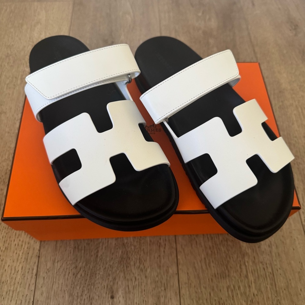 Hermes Men's White and Black Oran Slide Sandals